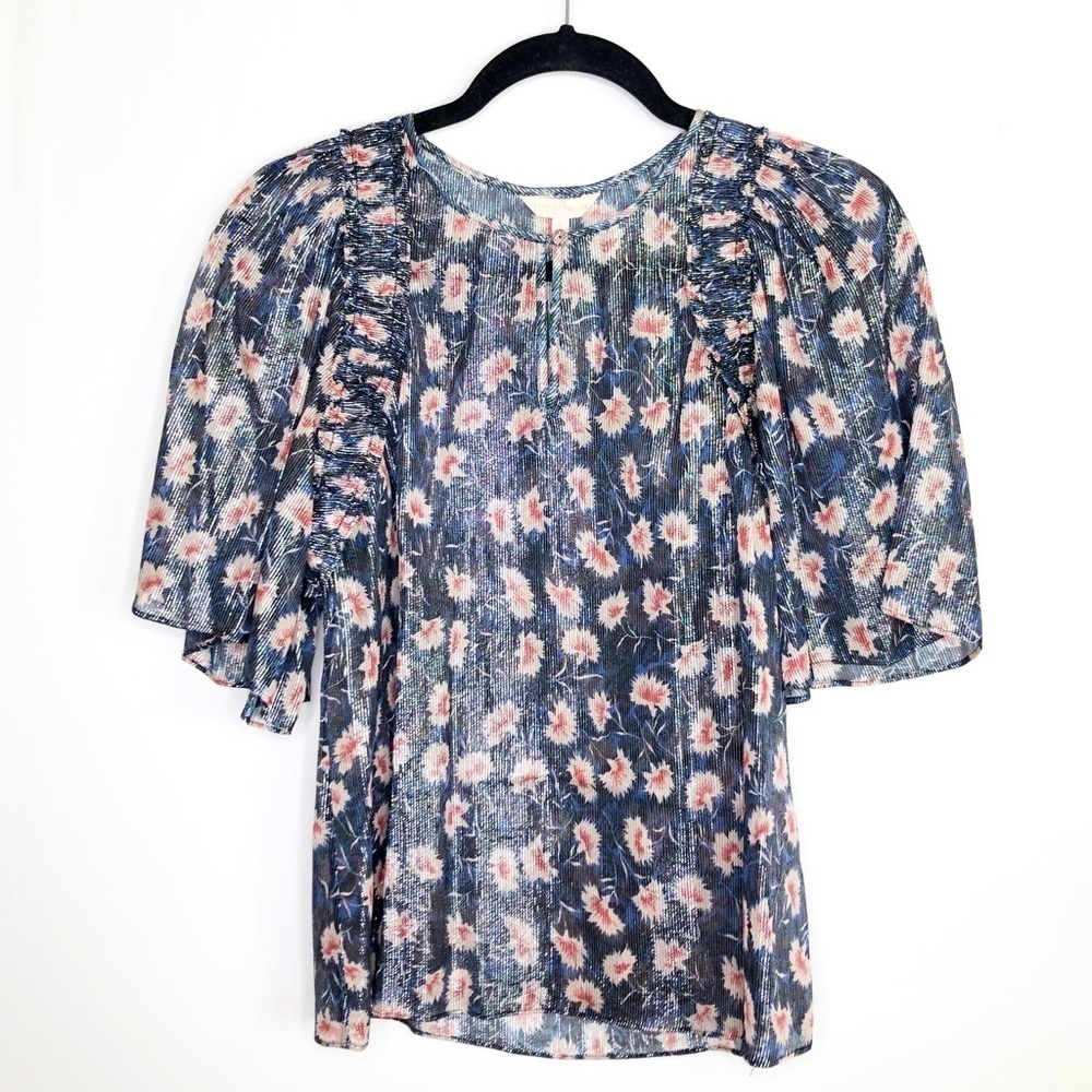 REBECCA Taylor navy blue floral sheer shimmer blouse